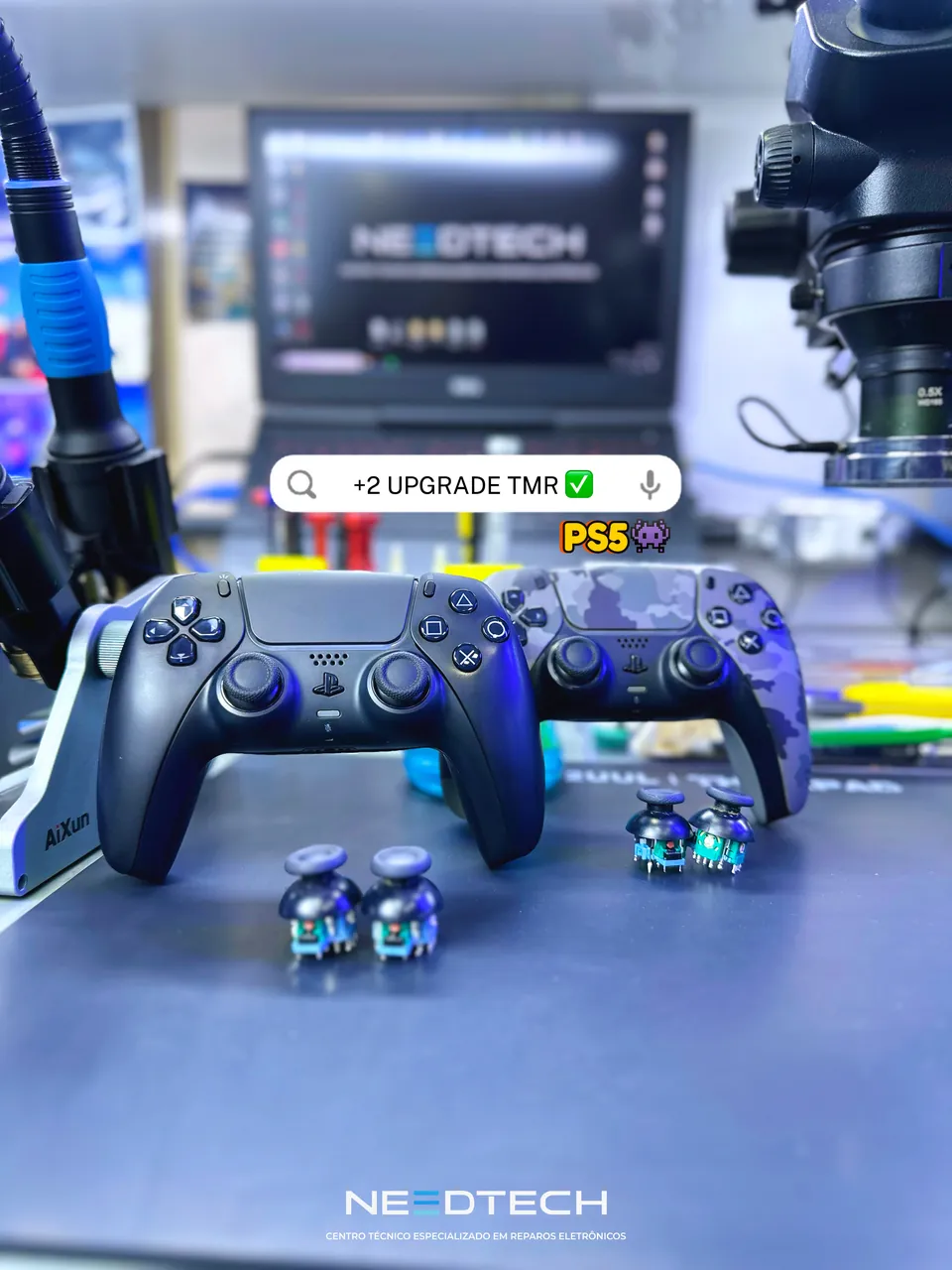 Controle de videogame e componentes eletrônicos sobre a bancada da NeedTech